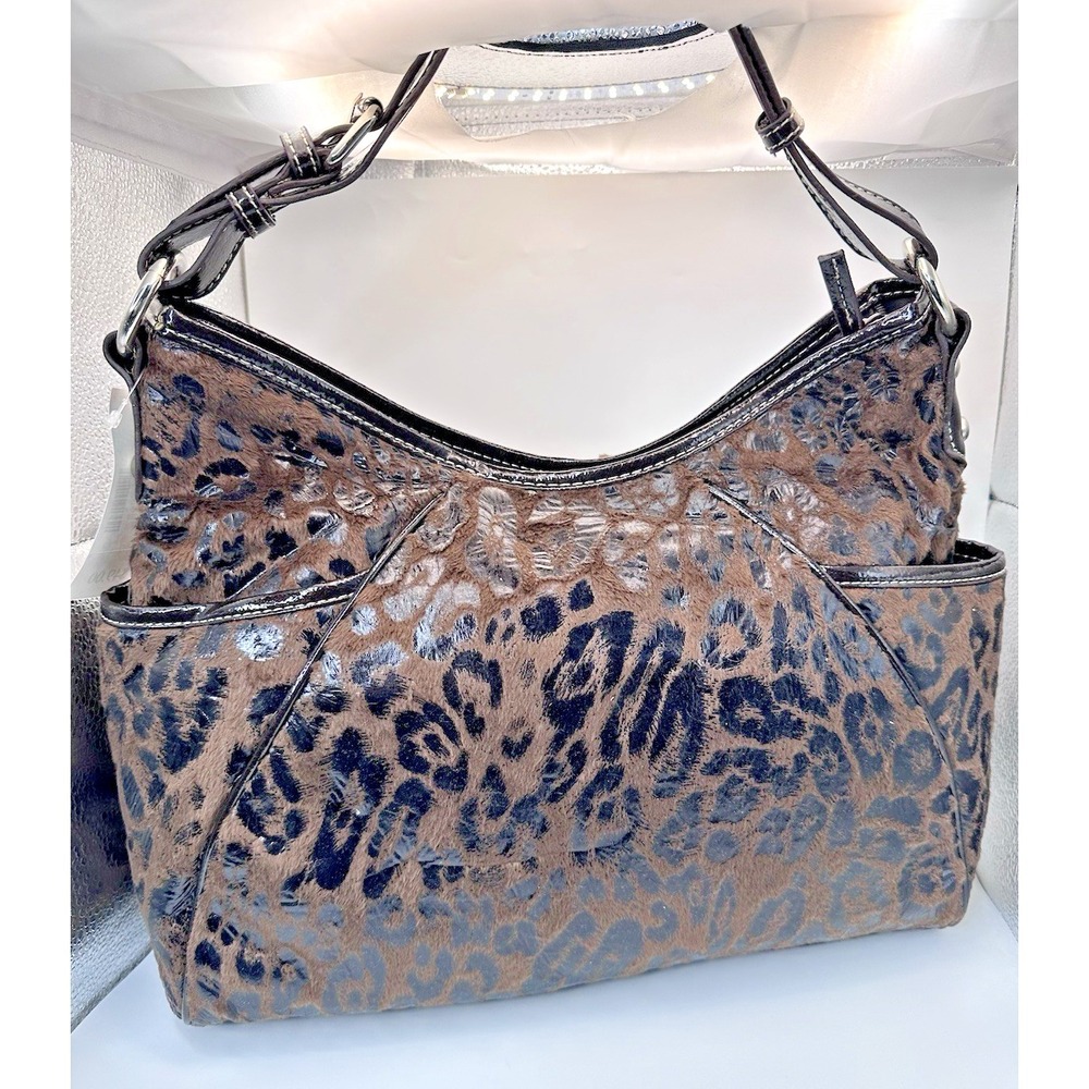 Leopard Print Faux Fur Shoulder Bag Brown Black Patent Leather Trim Buckle Strap